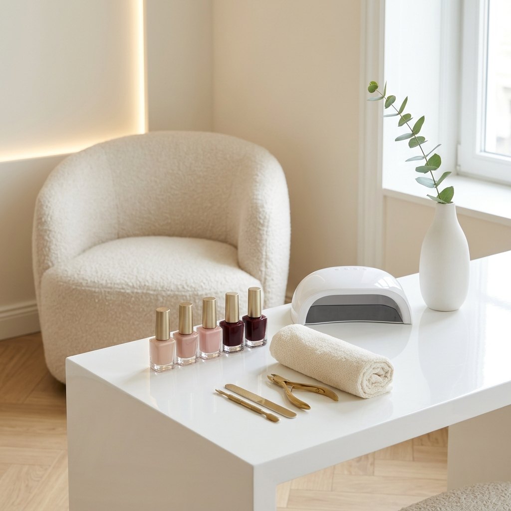Poste de manucure You Rêve Paris – table blanche, outils dorés et fauteuil bouclé écru dans un institut Paris 1er