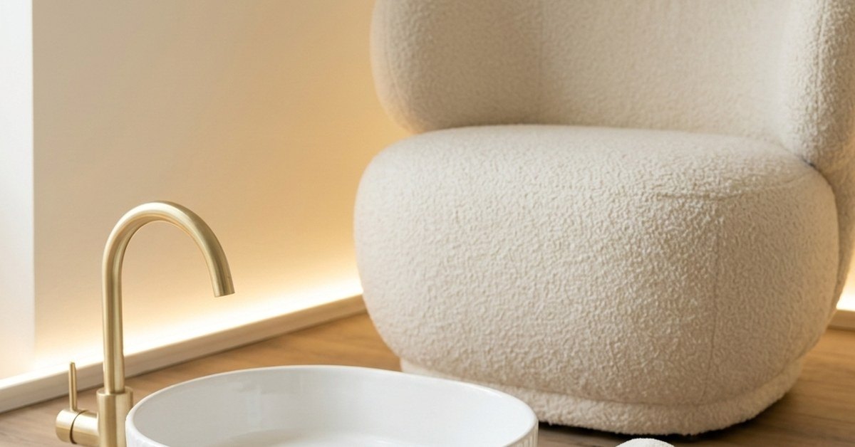 Poste de pédicure SPA Luxe You Rêve Paris – vasque en céramique cannelée, robinetterie dorée et fauteuil bouclé écru